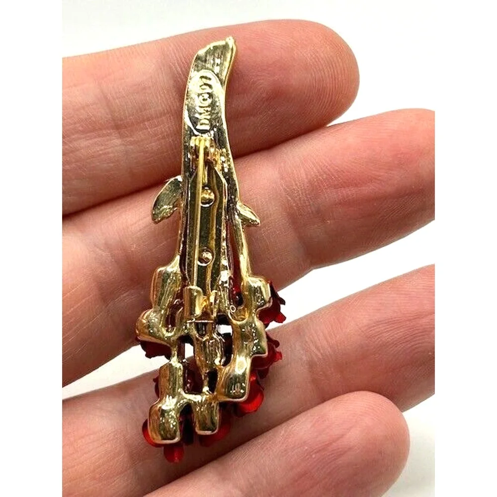 Vintage Avon Jewelry DM97‎ Gold Tone Dozen Enamel Red Roses Brooch Pin 2.5